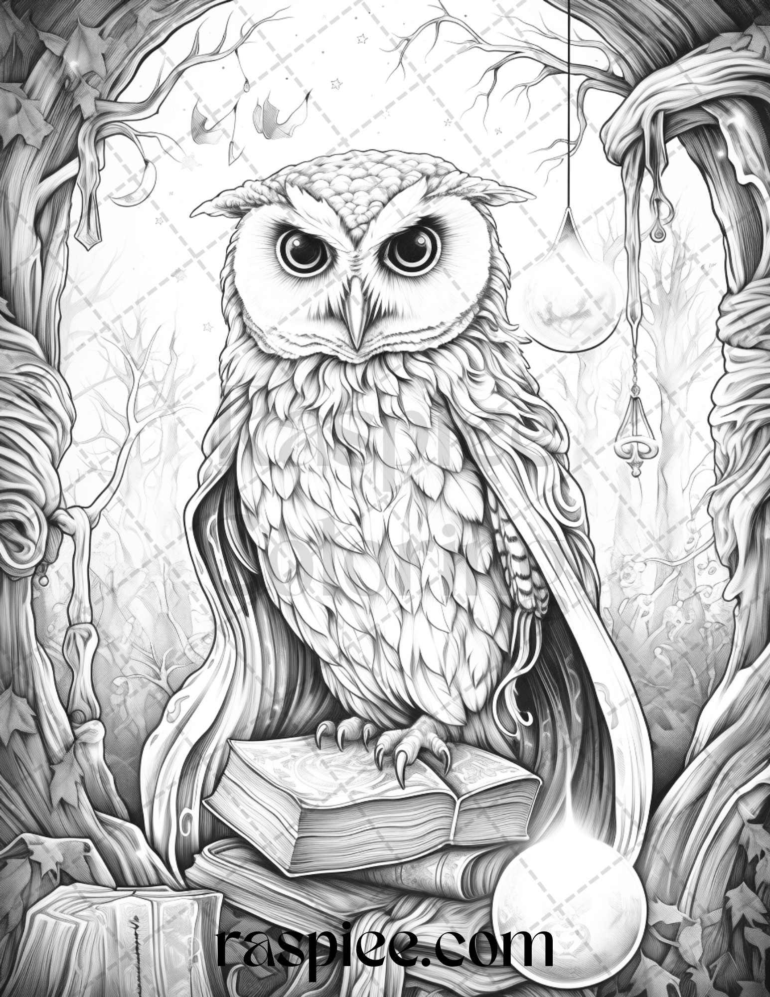 Halloween Witch Owl Grayscale Coloring Pages for Adults and Kids, Printable PDF Instant Download