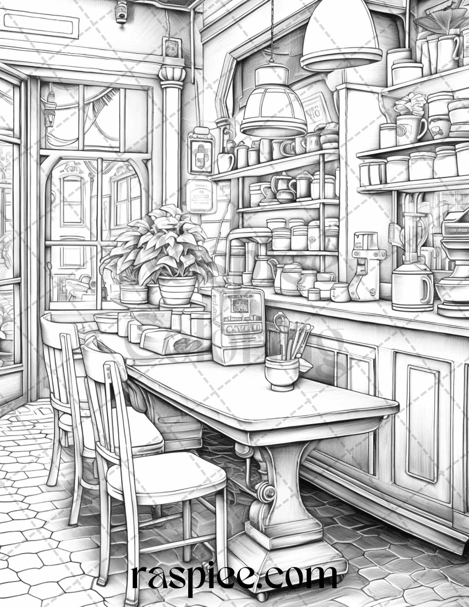 50 Cozy Coffee Shop Grayscale Coloring Pages Printable for Adults, PDF File Instant Download