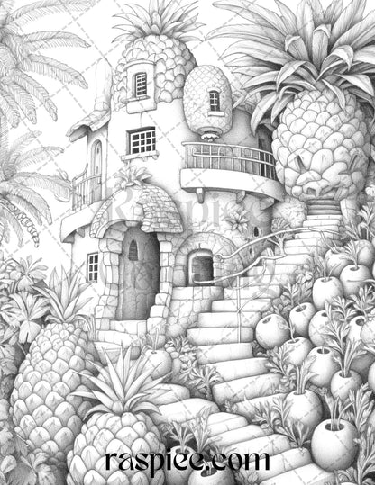 50 Pineapple Houses Grayscale Coloring Pages Printable for Adults, PDF File Instant Download