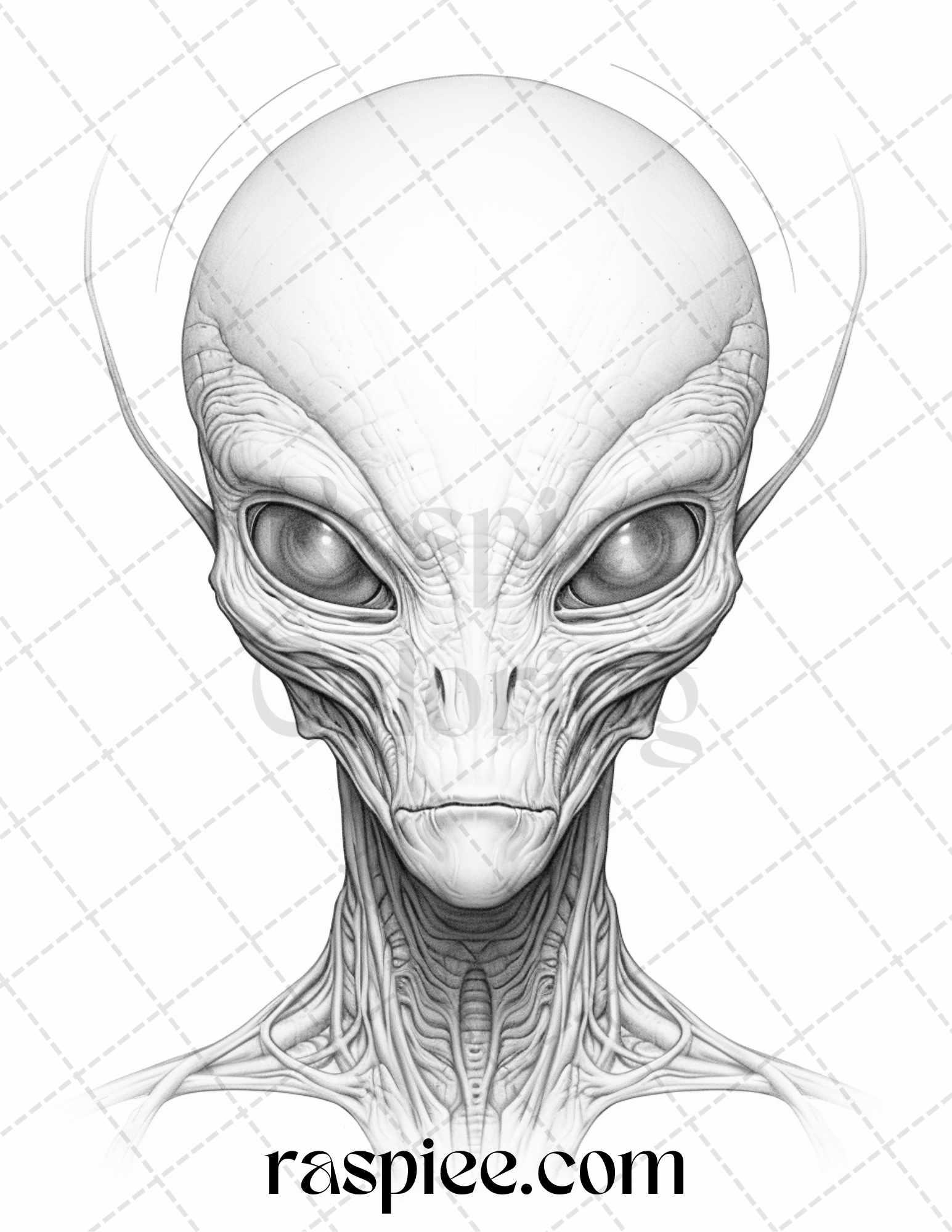65 Alien Portrait Grayscale Coloring Pages for Adults, Printable PDF File Instant Download