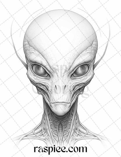 65 Alien Portrait Grayscale Coloring Pages for Adults, Printable PDF File Instant Download