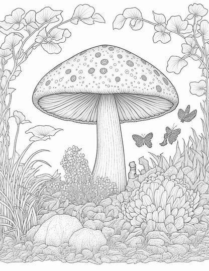 100 Mushroom Forest Coloring Pages Printable for Adults and Kids, Grayscale Coloring Book, Printable PDF File Instant Download
