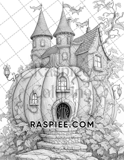 Fantasy Giant Pumpkin Castles Adult Coloring Pages Printable PDF Instant Download