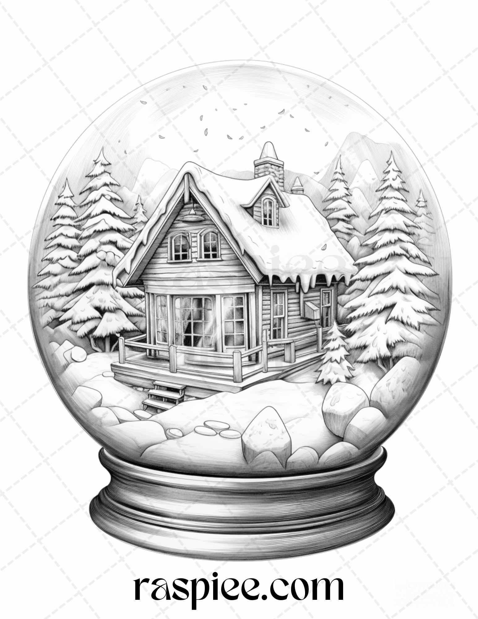 Cozy Cabin in Snow Globe Grayscale Coloring Pages Printable for Adults, PDF File Instant Download