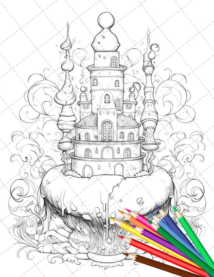 38 Whimsical Cakes Grayscale Coloring Pages for Adults, PDF File Instant Download