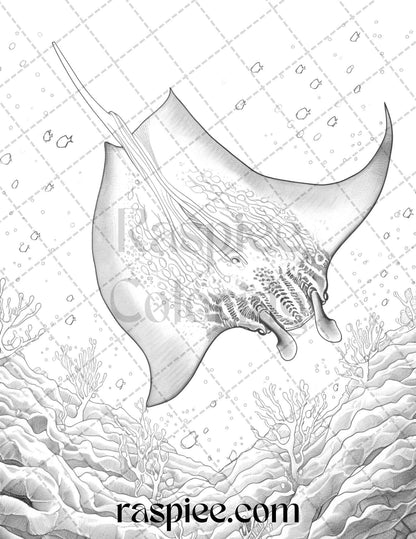 Ocean Life Grayscale Coloring Pages Printable for Adults Relaxation and Creativity, PDF File Instant Download