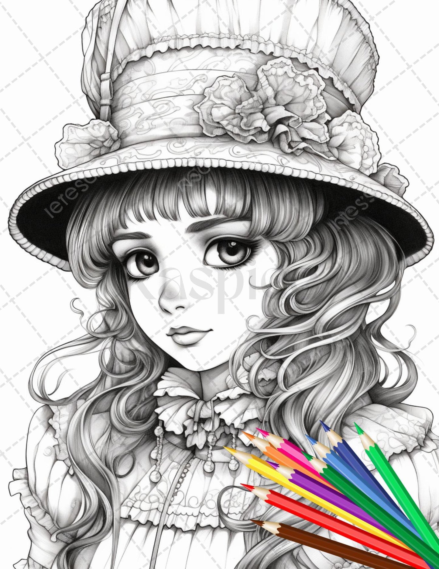 36 Beautiful Victorian Girls Coloring Pages Printable for Adults, Grayscale Coloring Page, PDF File Instant Download