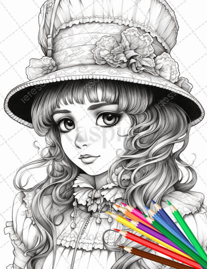 36 Beautiful Victorian Girls Coloring Pages Printable for Adults, Grayscale Coloring Page, PDF File Instant Download