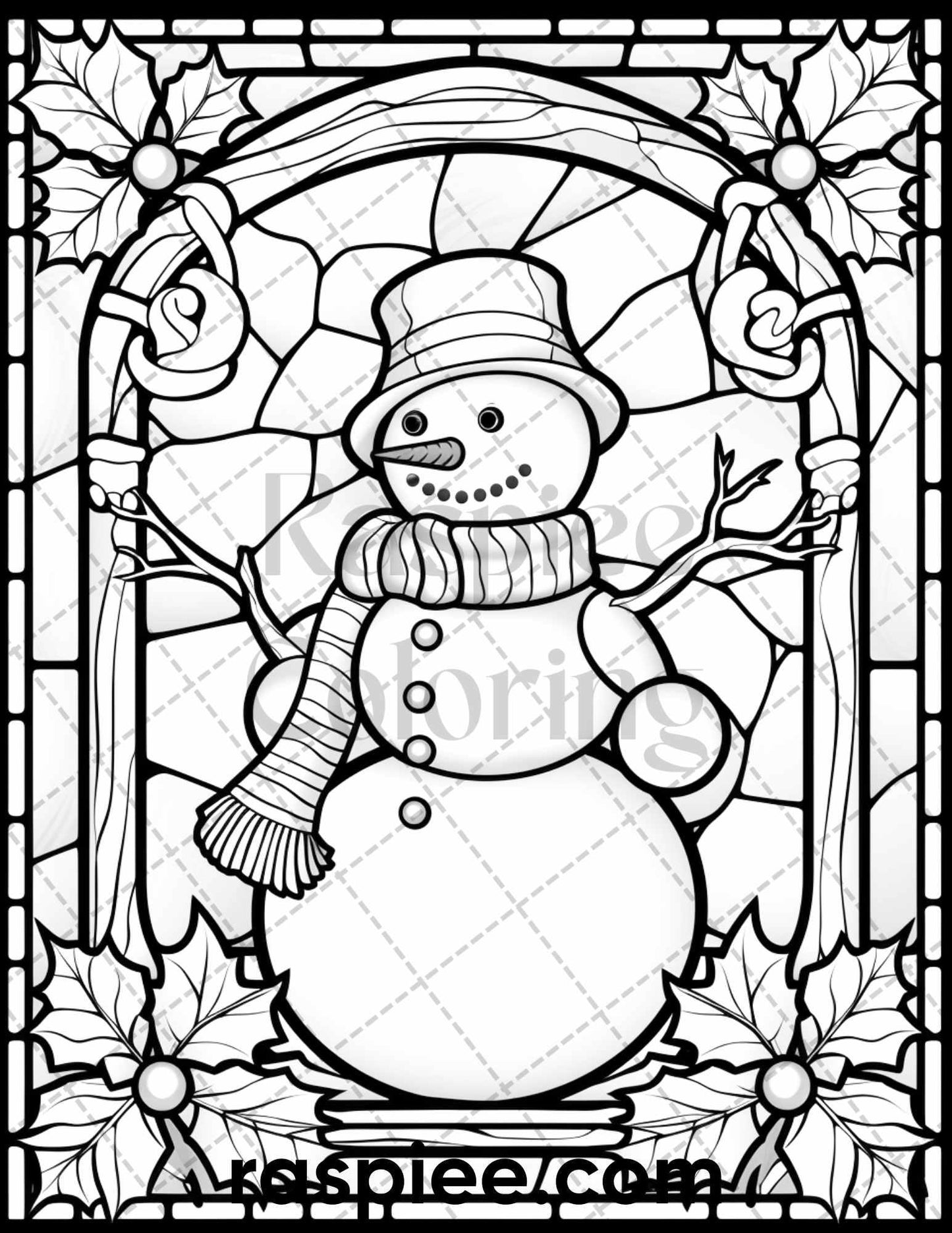 50 Christmas Stained Glass Grayscale Coloring Pages for Adults, Printable PDF File Instant Download