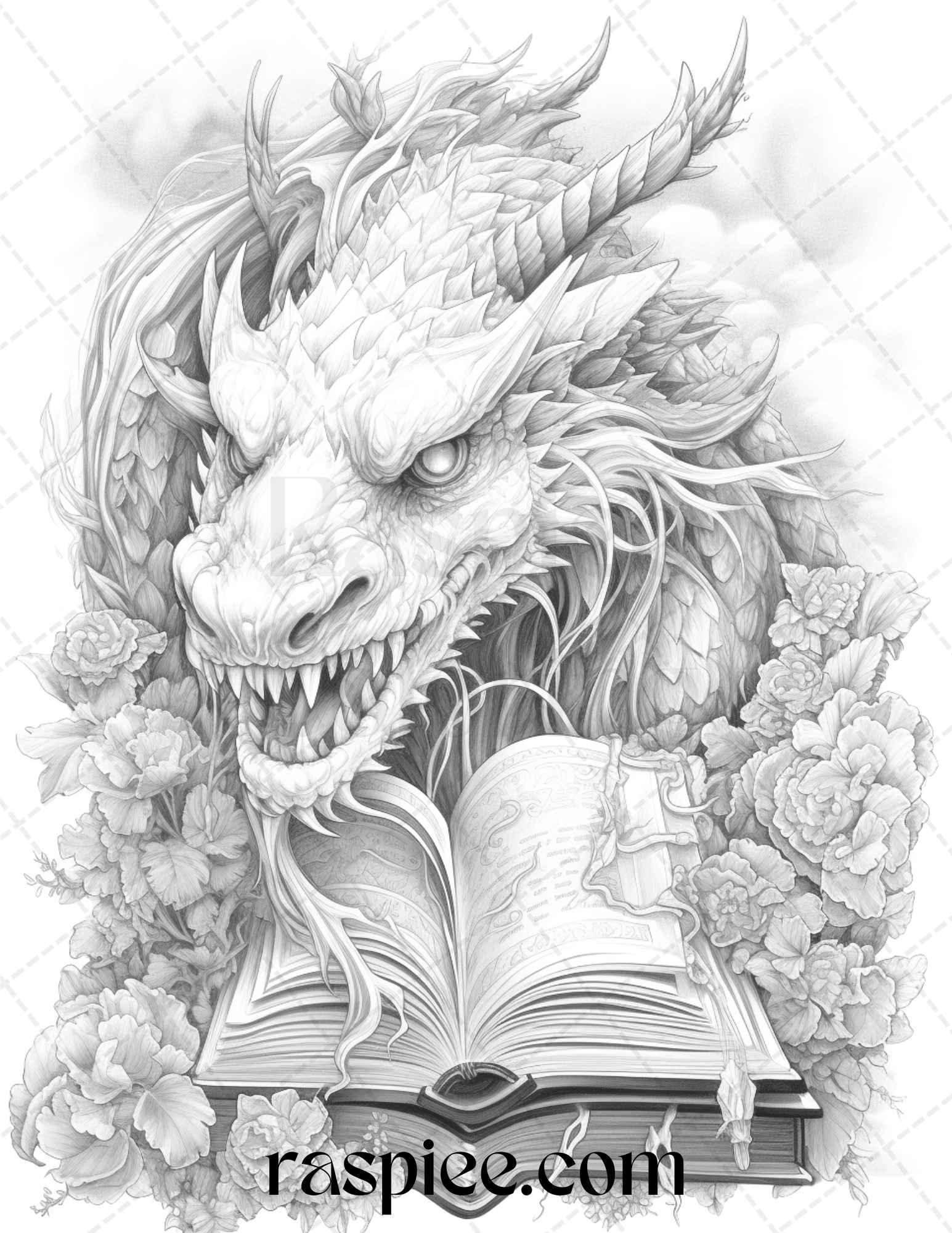 50 Magical Books Grayscale Coloring Pages Printable for Adults, PDF File Instant Download