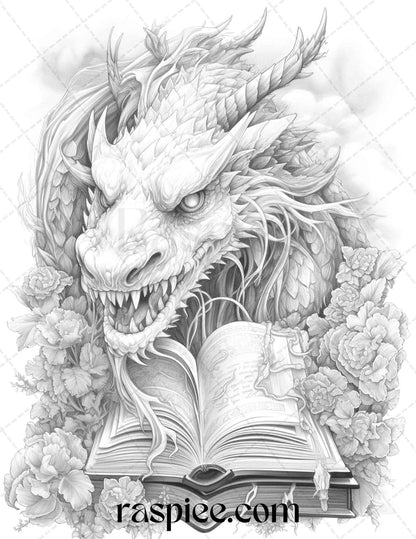50 Magical Books Grayscale Coloring Pages Printable for Adults, PDF File Instant Download