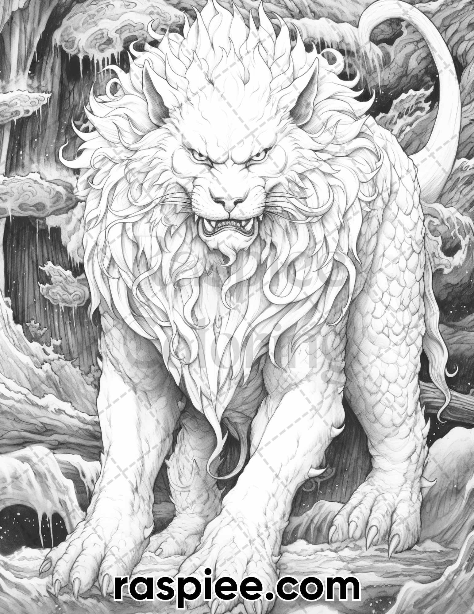 60 Mythical Creatures Grayscale Coloring Pages for Adults, Printable PDF Instant Download