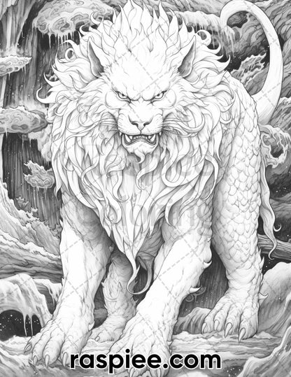60 Mythical Creatures Grayscale Coloring Pages for Adults, Printable PDF Instant Download