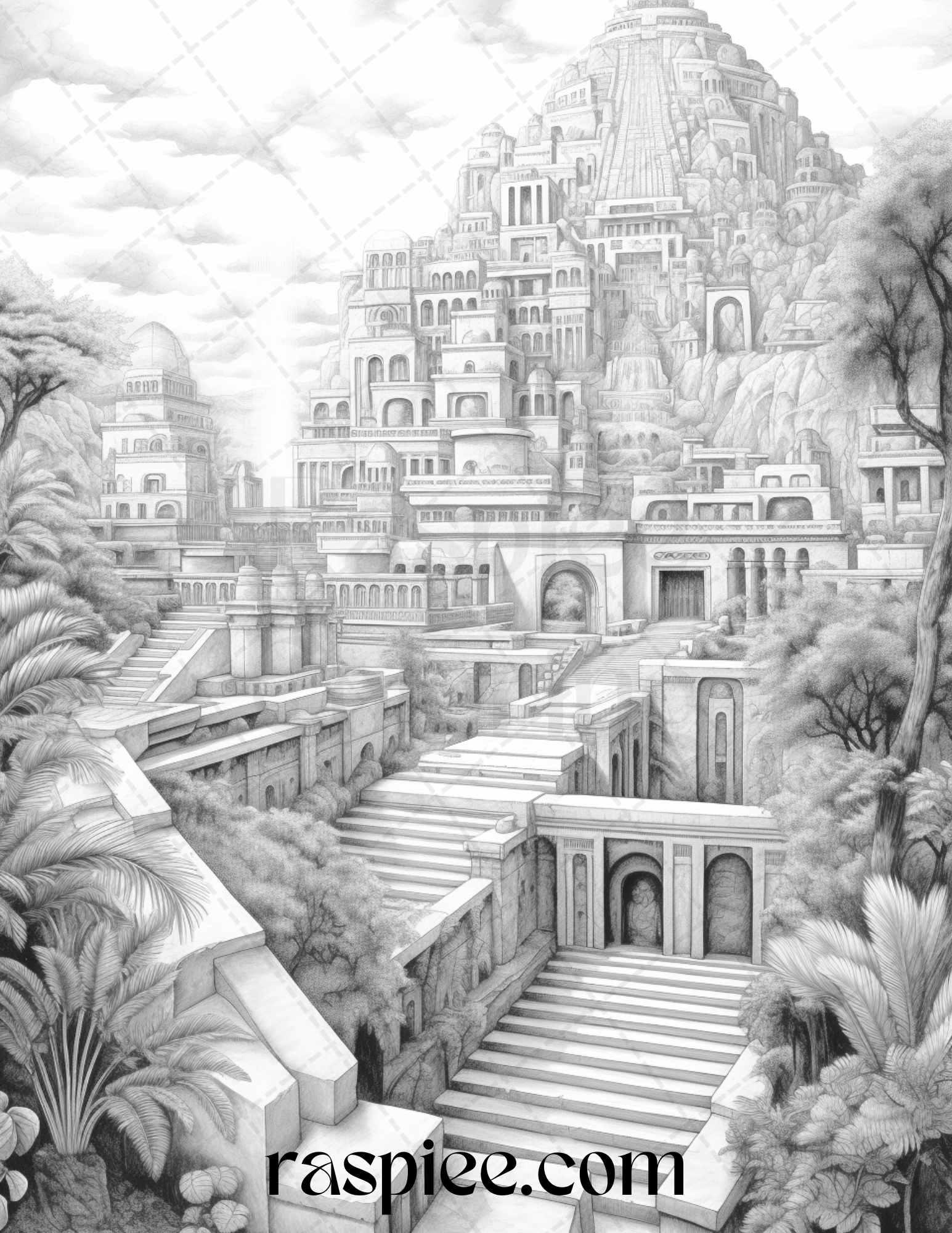 Hanging Gardens of Babylon Grayscale Coloring Pages Printable, PDF File Instant Download