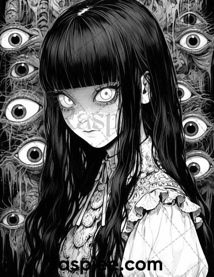 60 Horror Beauties Grayscale Coloring Pages Printable for Adults, PDF File Instant Download