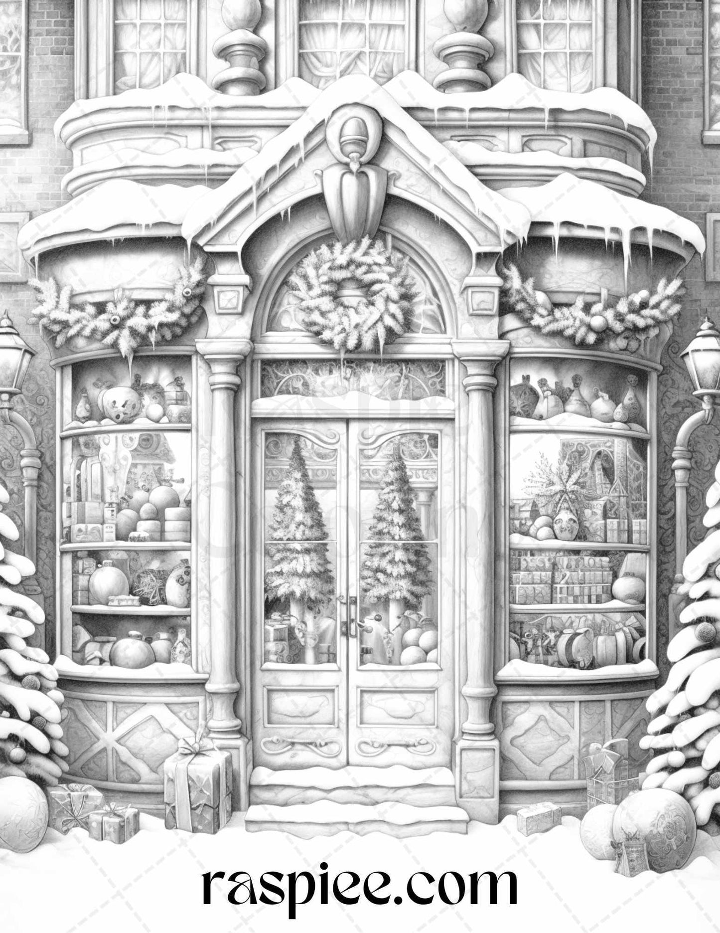 Christmas Store Front Grayscale Coloring Pages for Adults, PDF Printable Instant Download