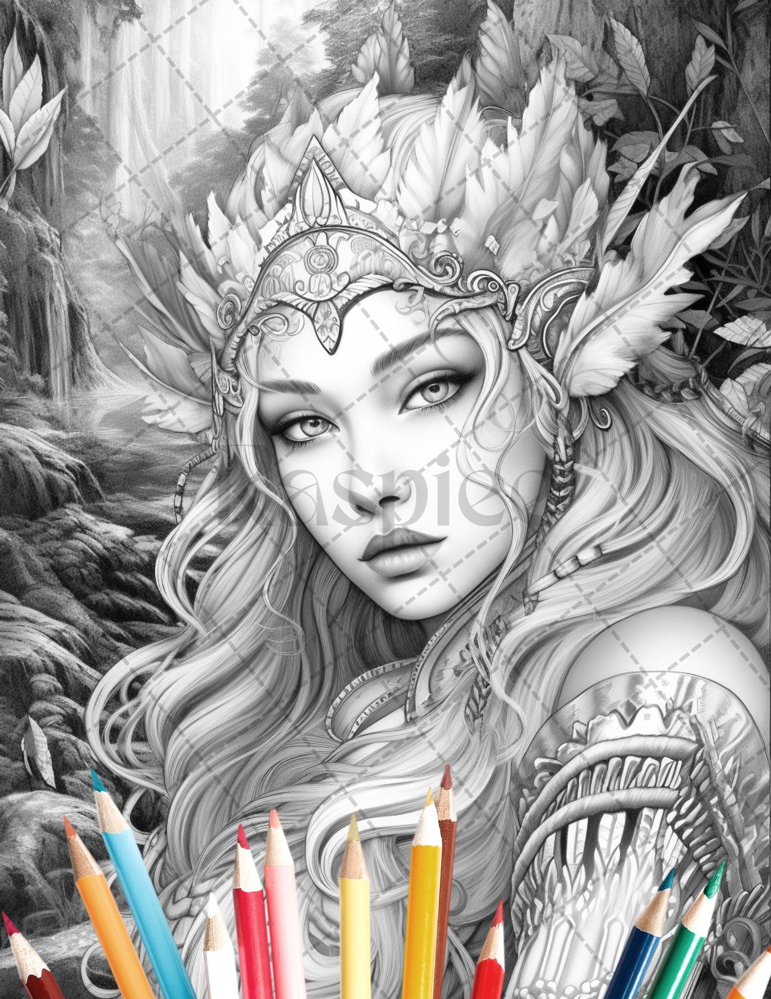 35 Beautiful Printable Elf Girls Coloring Book for Adults, Grayscale Coloring Page, PDF File Instant Download