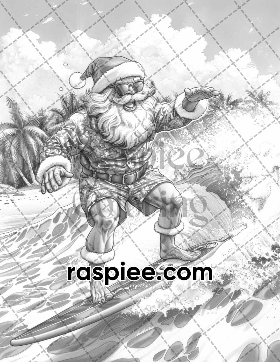 60 Santa Christmas in July Grayscale Adult Coloring Pages Printable PDF Instant Download
