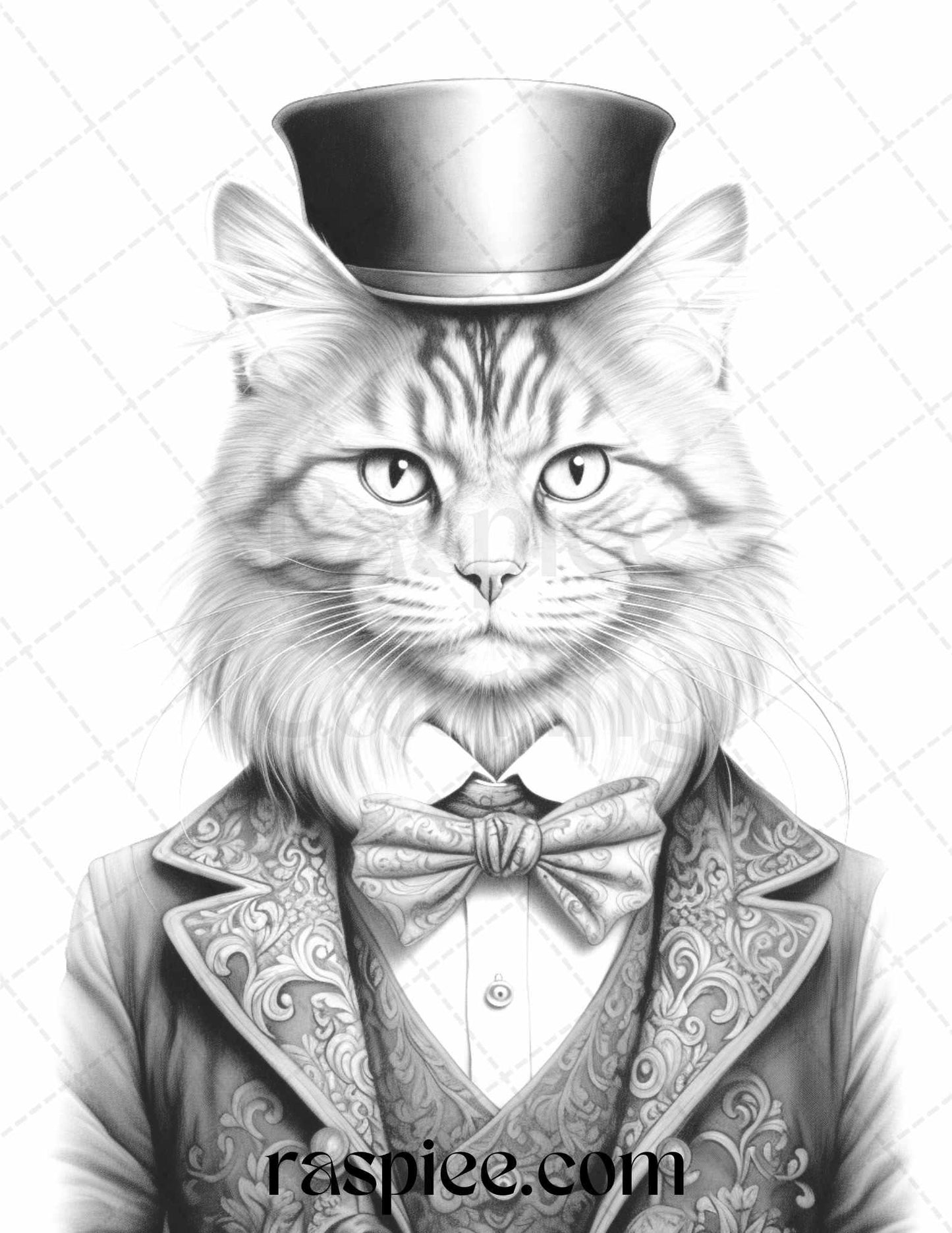 Gentleman Cat Grayscale Coloring Pages Printable for Adults Kids, PDF File Instant Download