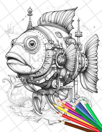 45 Steampunk Animals Grayscale Coloring Pages Printable for Adults Vol. 2, PDF File Instant Download