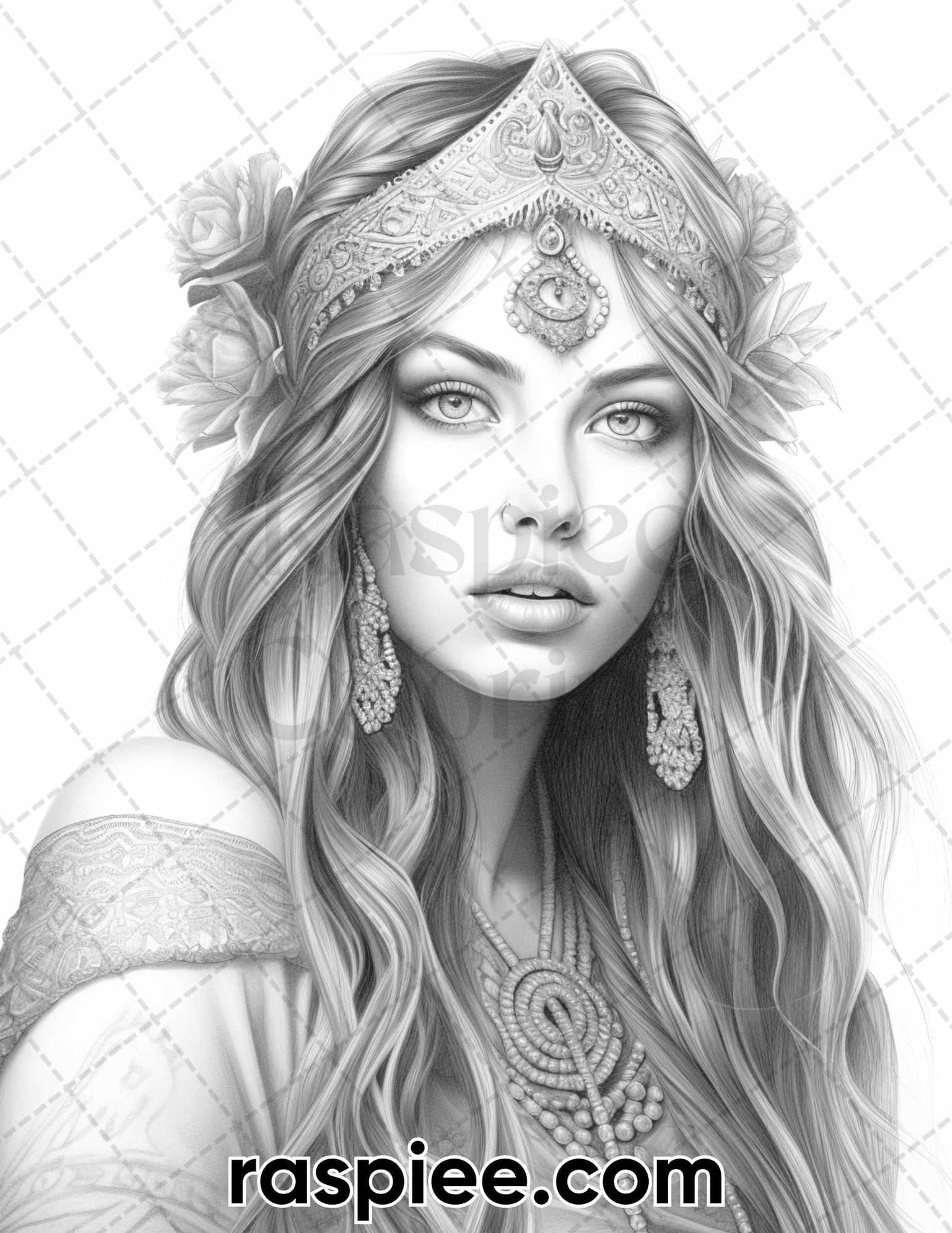 60 Bohemian Beauties Grayscale Coloring Pages for Adults, Printable PDF Instant Download