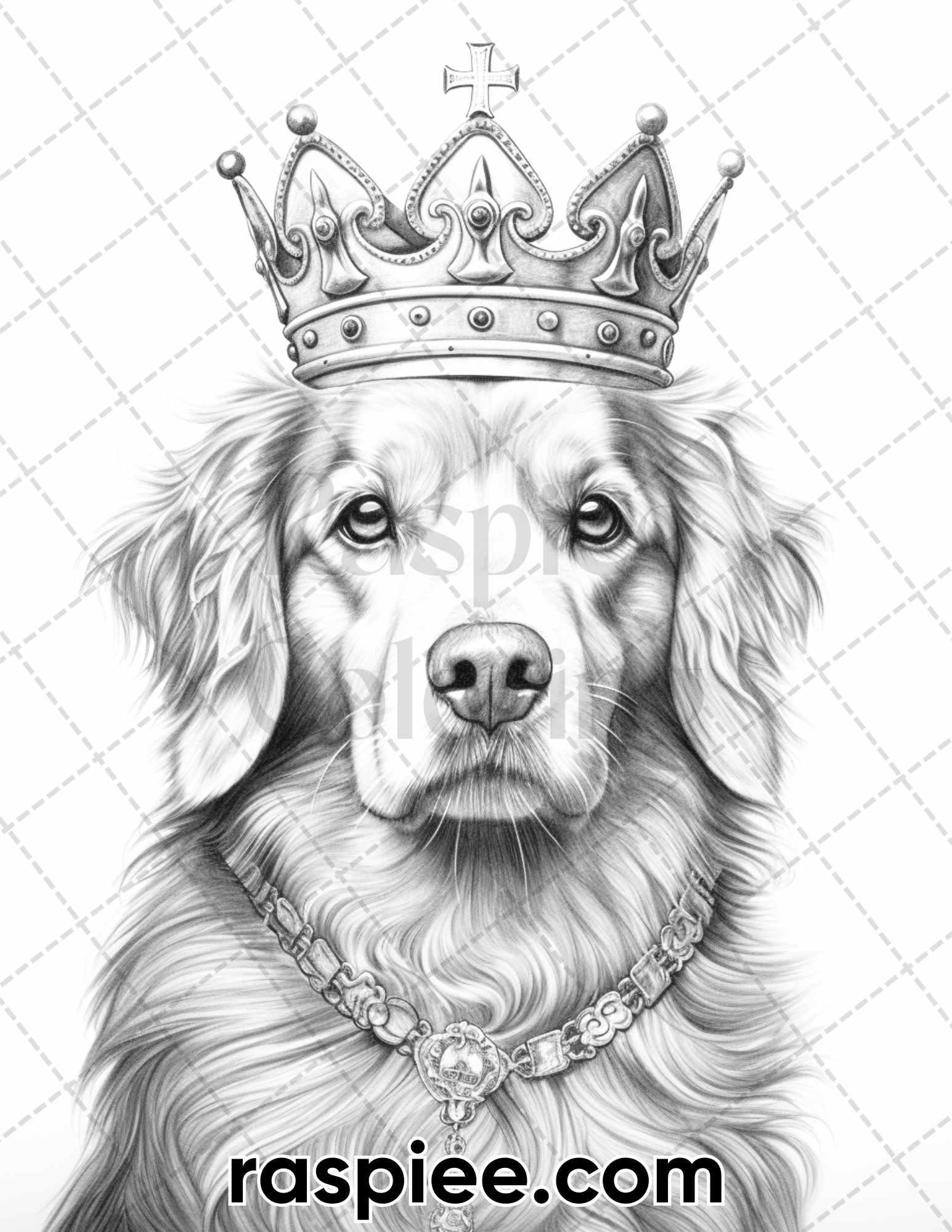 50 Royal King Dog Grayscale Coloring Pages for Adults, Printable PDF Instant Download