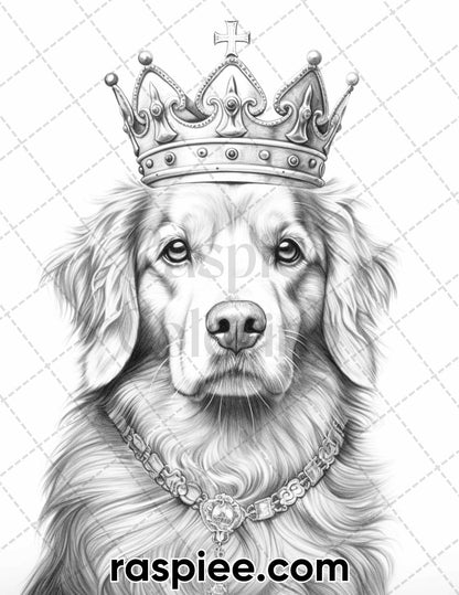 50 Royal King Dog Grayscale Coloring Pages for Adults, Printable PDF Instant Download