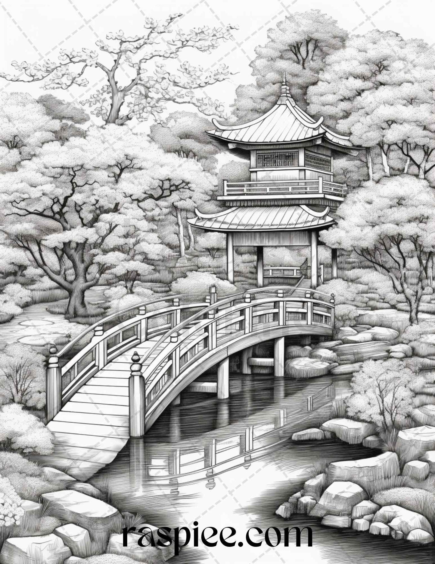 Japanese Garden Grayscale Coloring Pages Printable for Adults, PDF File Instant Download