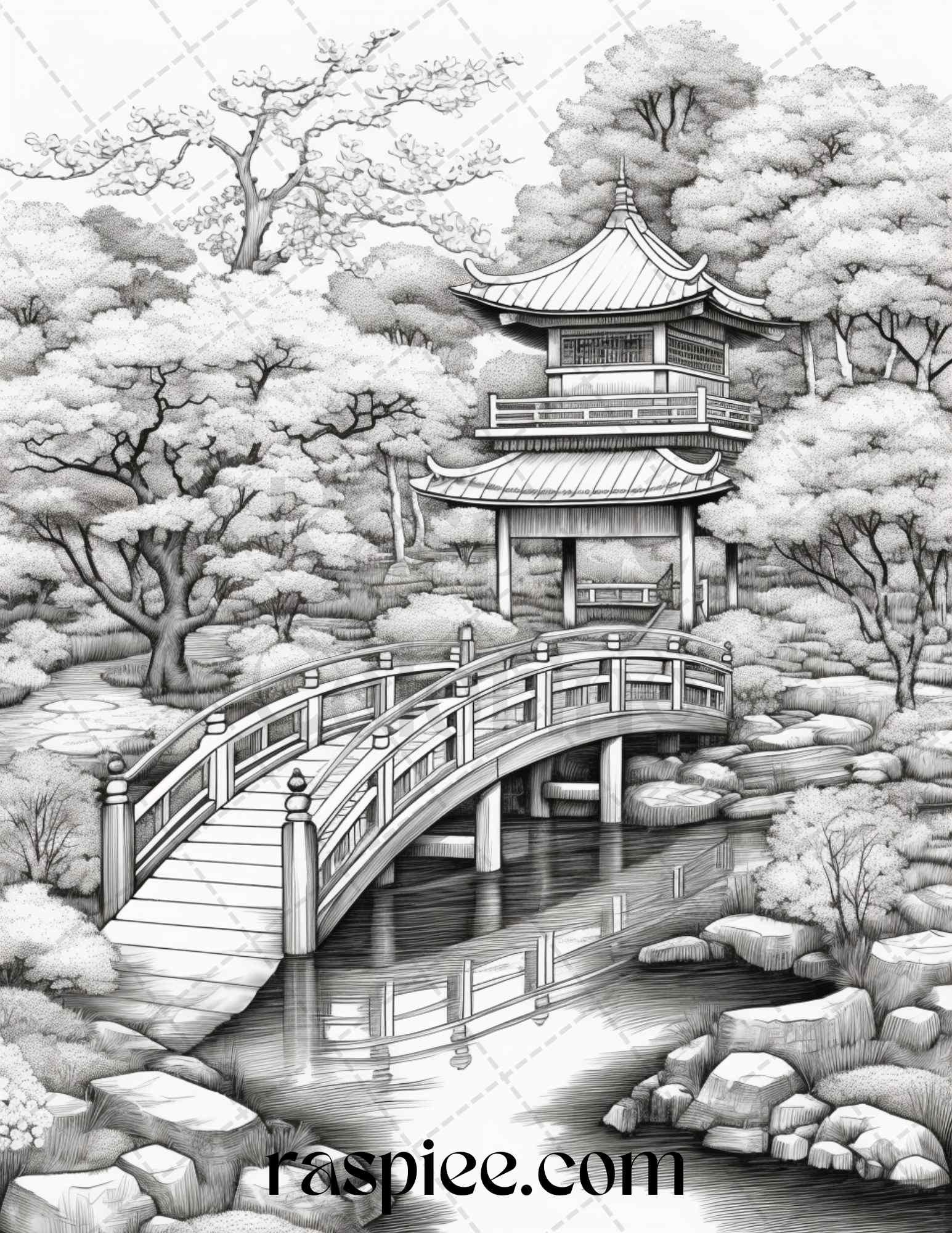 Japanese Garden Grayscale Coloring Pages Printable for Adults, PDF File Instant Download