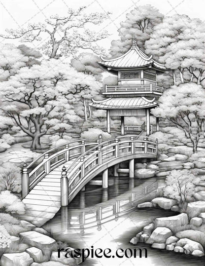 Japanese Garden Grayscale Coloring Pages Printable for Adults, PDF File Instant Download
