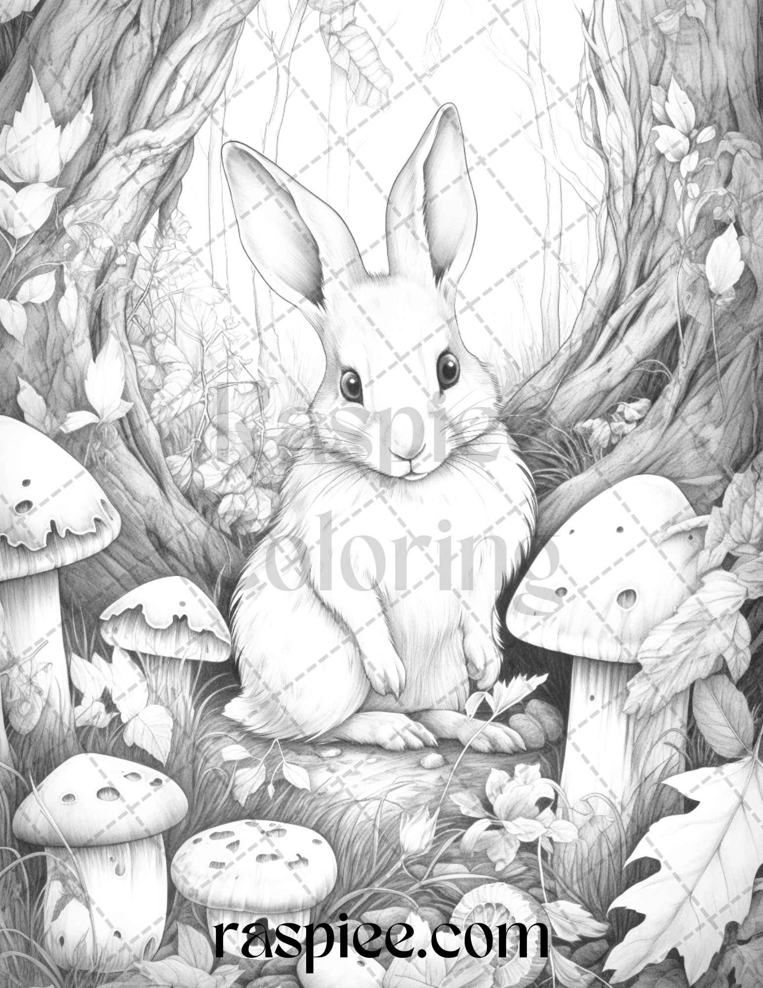 50 Rabbit Garden Grayscale Coloring Pages Printable for Adults, PDF File Instant Download