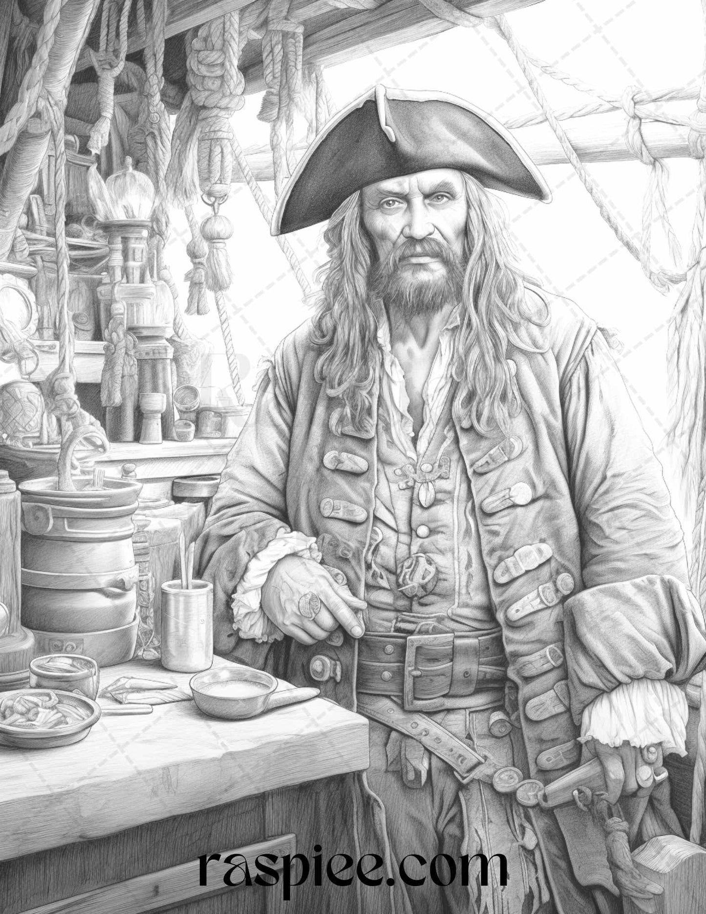 60 Pirate Life Grayscale Coloring Pages Printable for Adults, Stress Relief Coloring, PDF File Instant Download