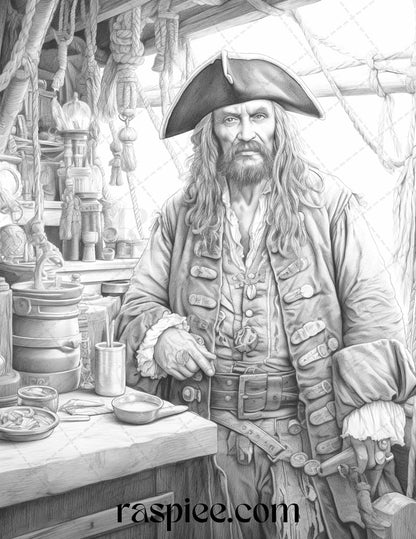 60 Pirate Life Grayscale Coloring Pages Printable for Adults, Stress Relief Coloring, PDF File Instant Download