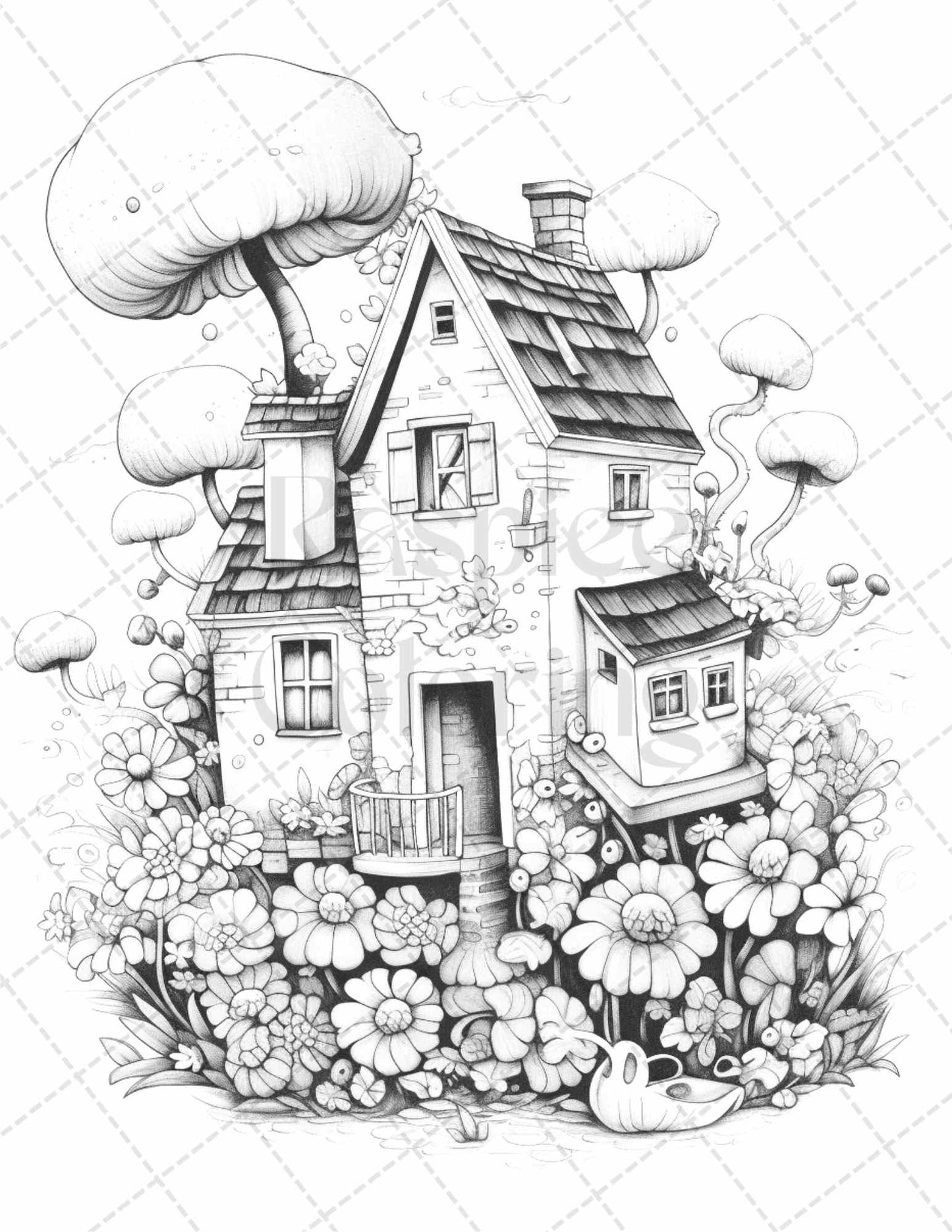 60 Flower Houses Grayscale Coloring Pages Printable for Adults, PDF File Instant Download
