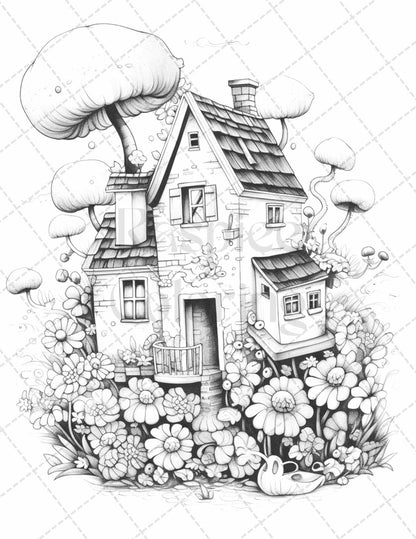 60 Flower Houses Grayscale Coloring Pages Printable for Adults, PDF File Instant Download