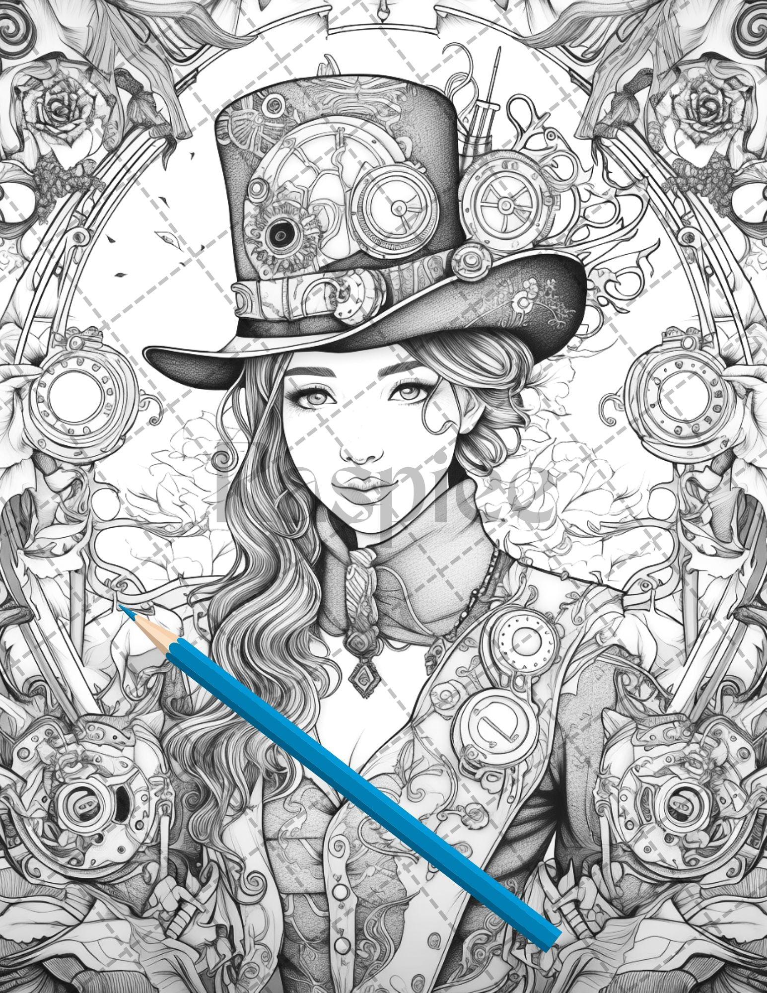 30 Steampunk Girls Coloring Pages Printable for Adults, Victorian Inspired Adult Grayscale Coloring Book, PDF File Download