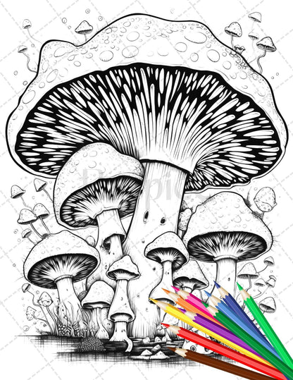 Psychedelic Mushroom Forest Coloring Book Printable for Adults, Trippy Grayscale Coloring Page, PDF File Instant Download