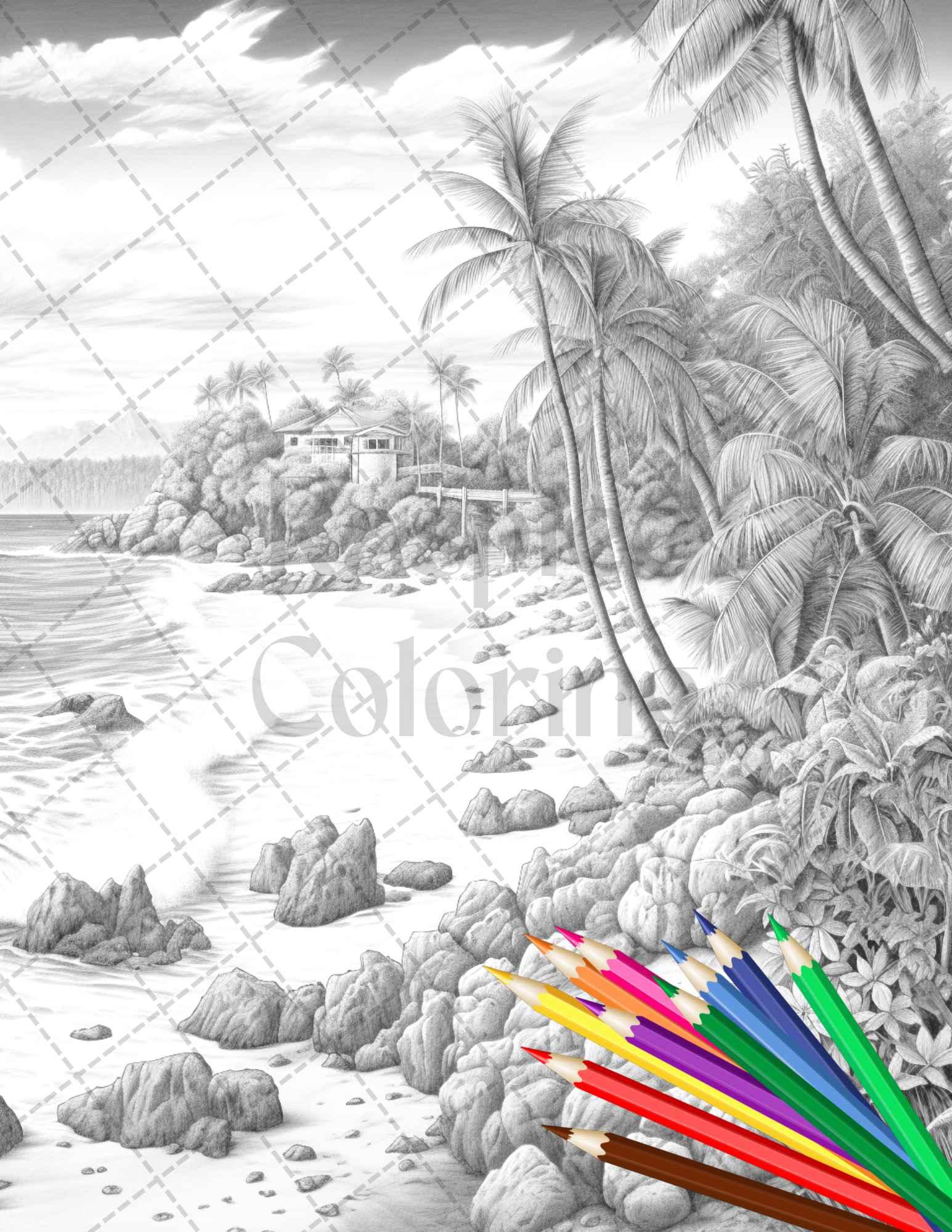 Beautiful Tropical Beach Grayscale Coloring Pages Printable for Adults, PDF File Instant Download