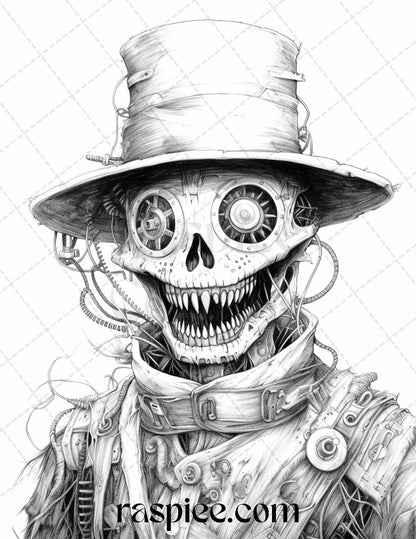 53 Scary Steampunk Scarecrows Grayscale Coloring Pages Printable for Adults, PDF File Instant Download