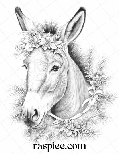 70 Christmas Animals Grayscale Coloring Pages Printable for Adults, PDF File Instant Download