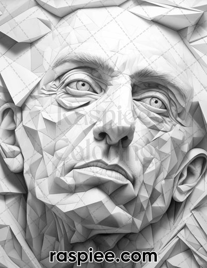 60 Abstract Faces Grayscale Adult Coloring Pages, Printable PDF Instant Download