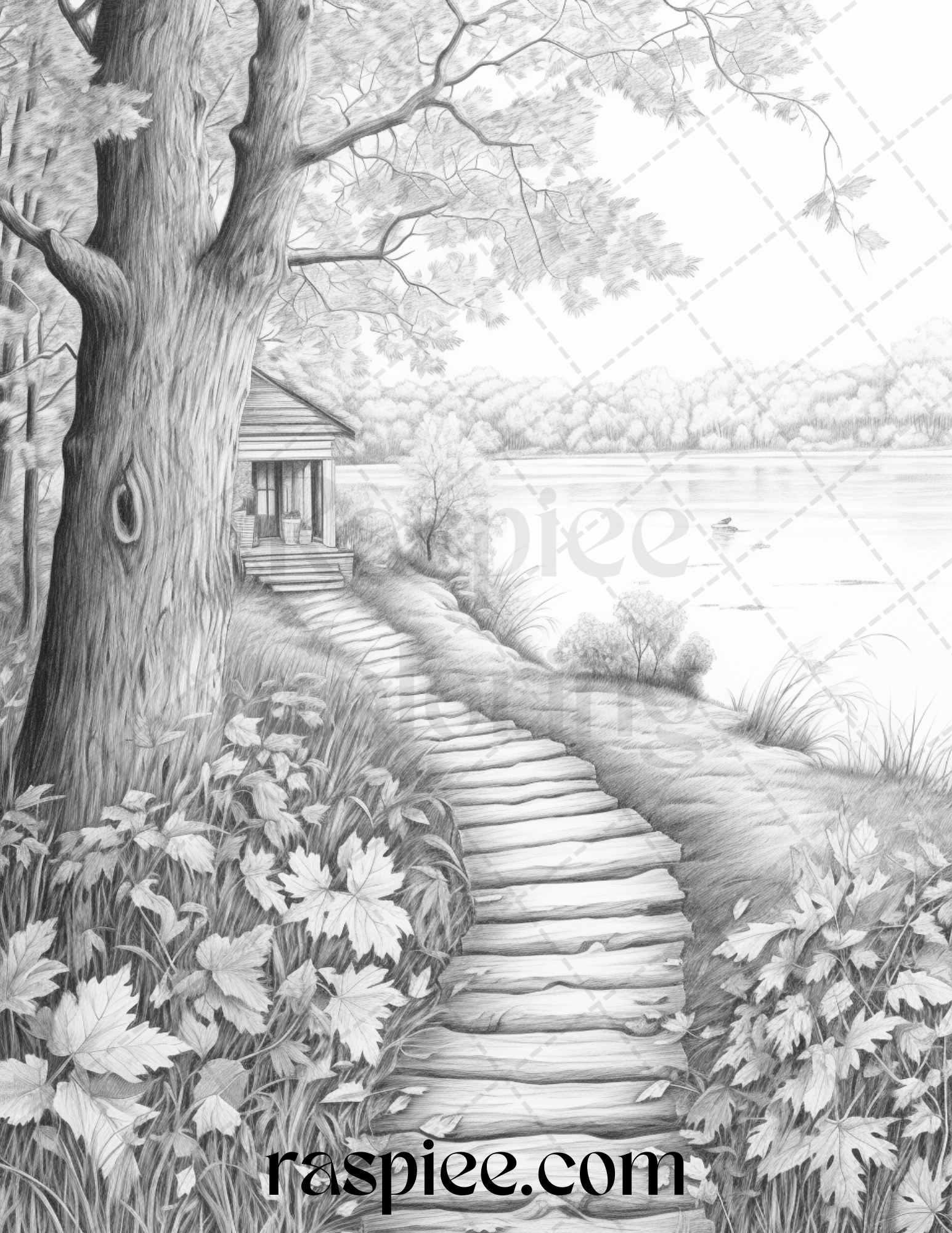 Autumn Scenery Grayscale Coloring Pages Printable for Adults, PDF File Instant Download