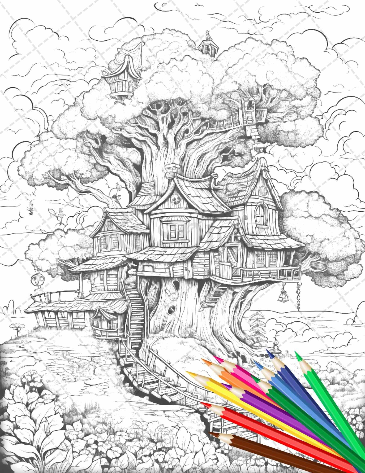 110 Enchanted Treehouse Coloring Book Printable for Adults, Grayscale Coloring Page, PDF File Instant Download