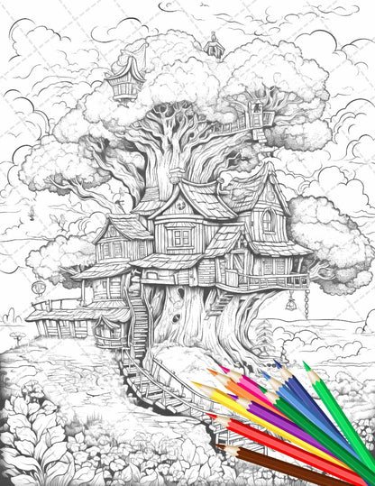 110 Enchanted Treehouse Coloring Book Printable for Adults, Grayscale Coloring Page, PDF File Instant Download