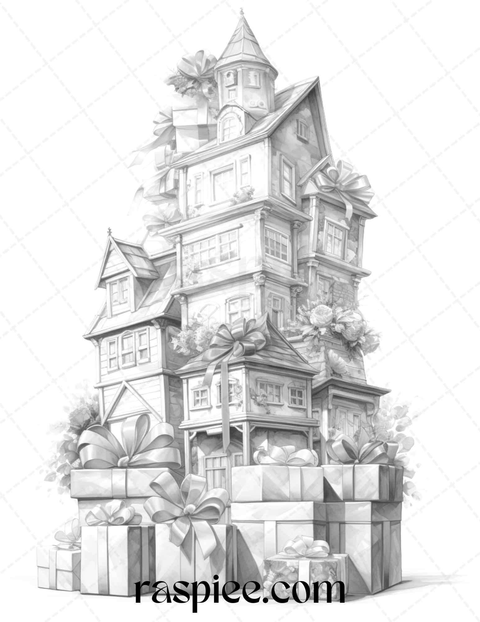 40 Adorable Gift Box Houses Grayscale Coloring Pages Printable for Adults Kids, PDF File Instant Download