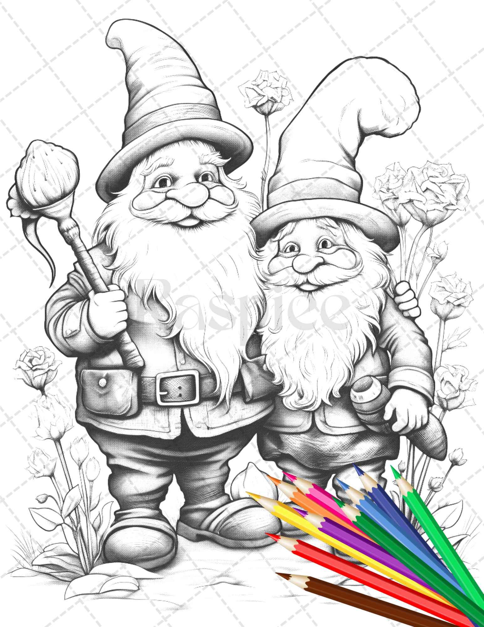 33 Gnome Love Coloring Pages Printable for Adults, Grayscale Coloring Page, PDF File Instant Download