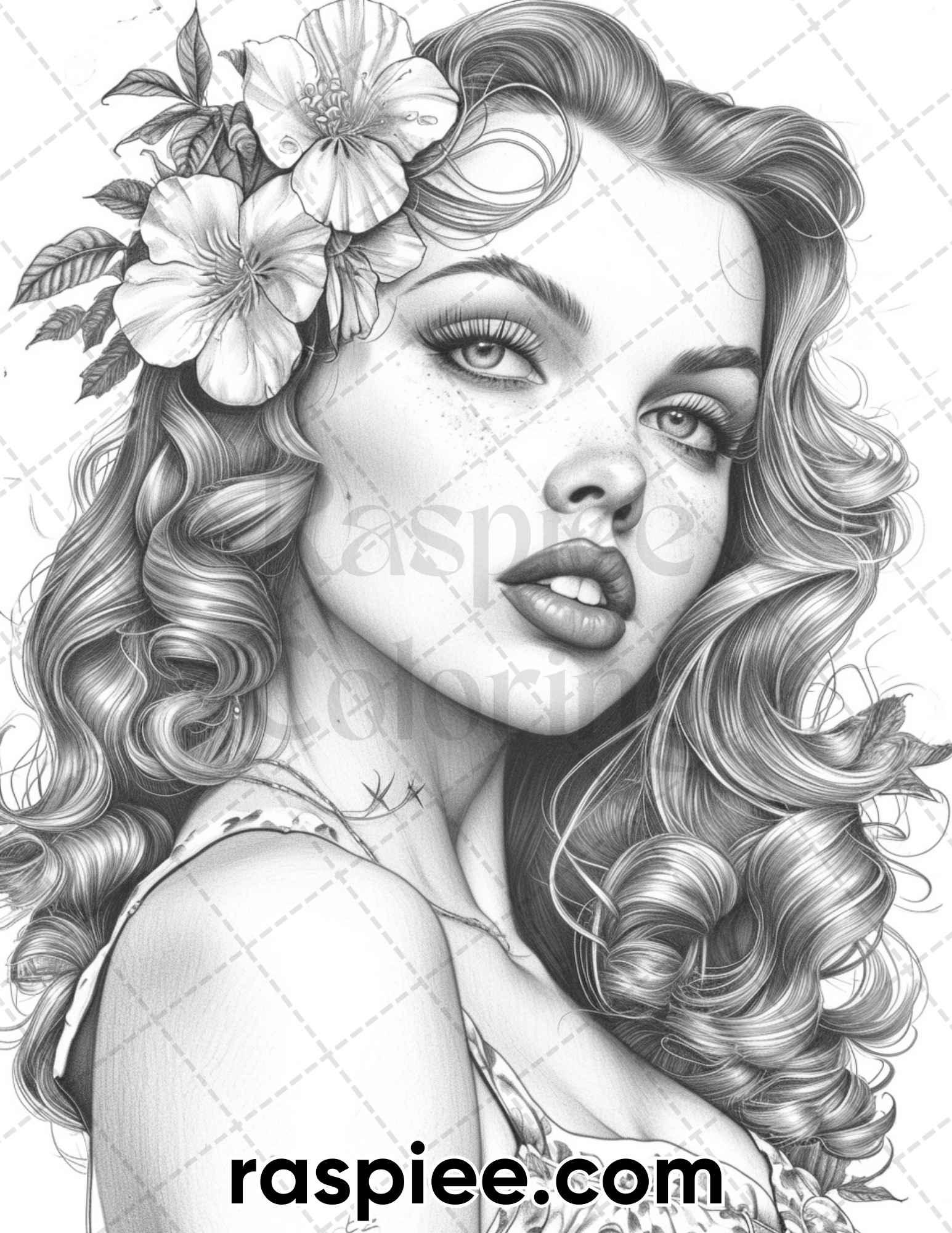 50 Vintage Spring Pin Up Girls Grayscale Adult Coloring Pages, Printable PDF Instant Download