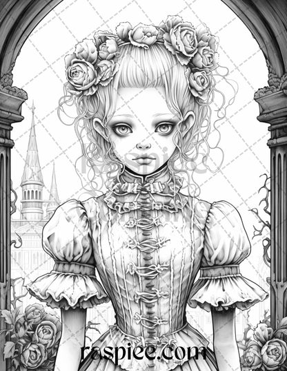 50 Scary Victorian Dolls Grayscale Coloring Pages Printable for Adults, PDF File Instant Download