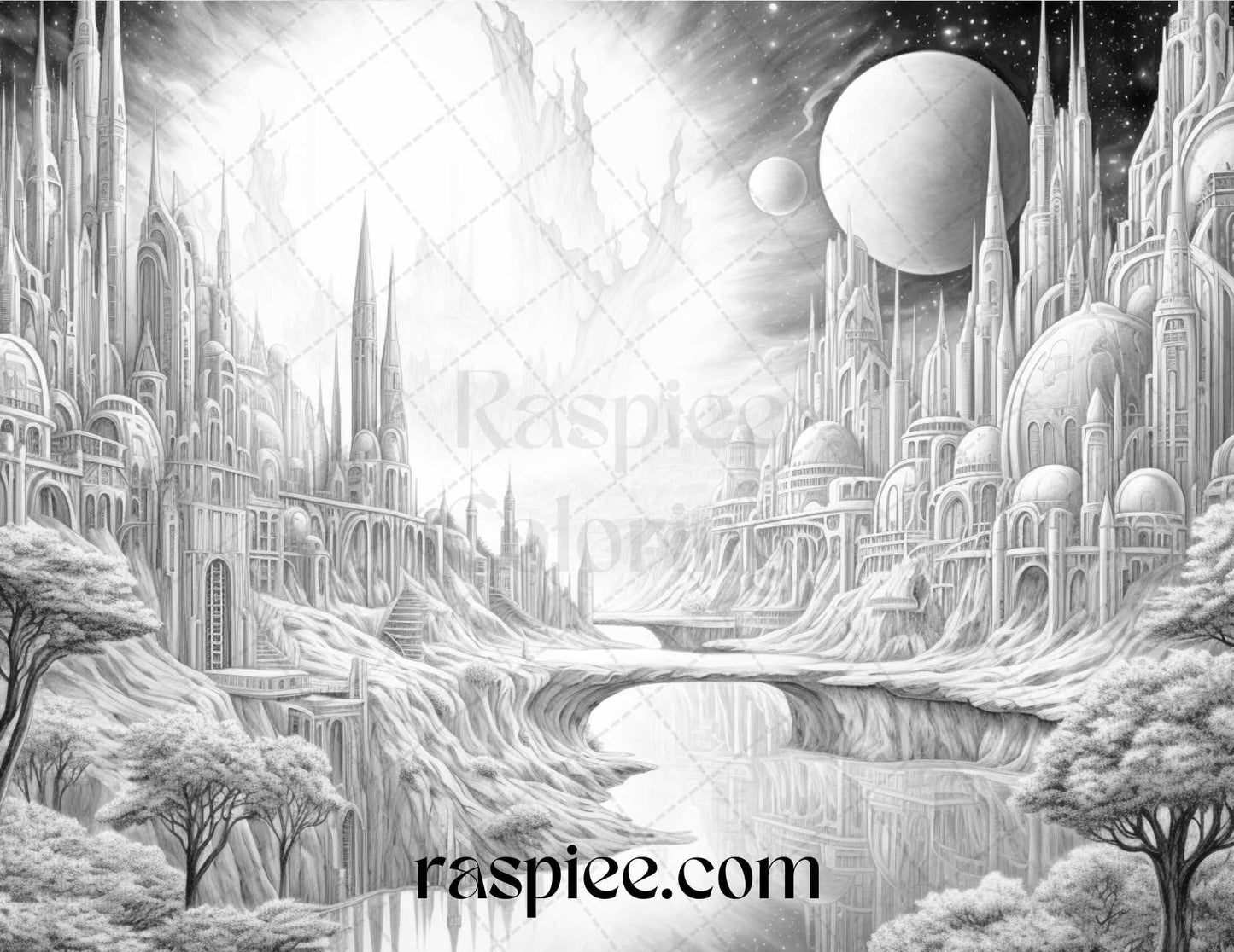55 Celestial Landscapes Grayscale Coloring Pages Printable for Adults, PDF File Instant Download