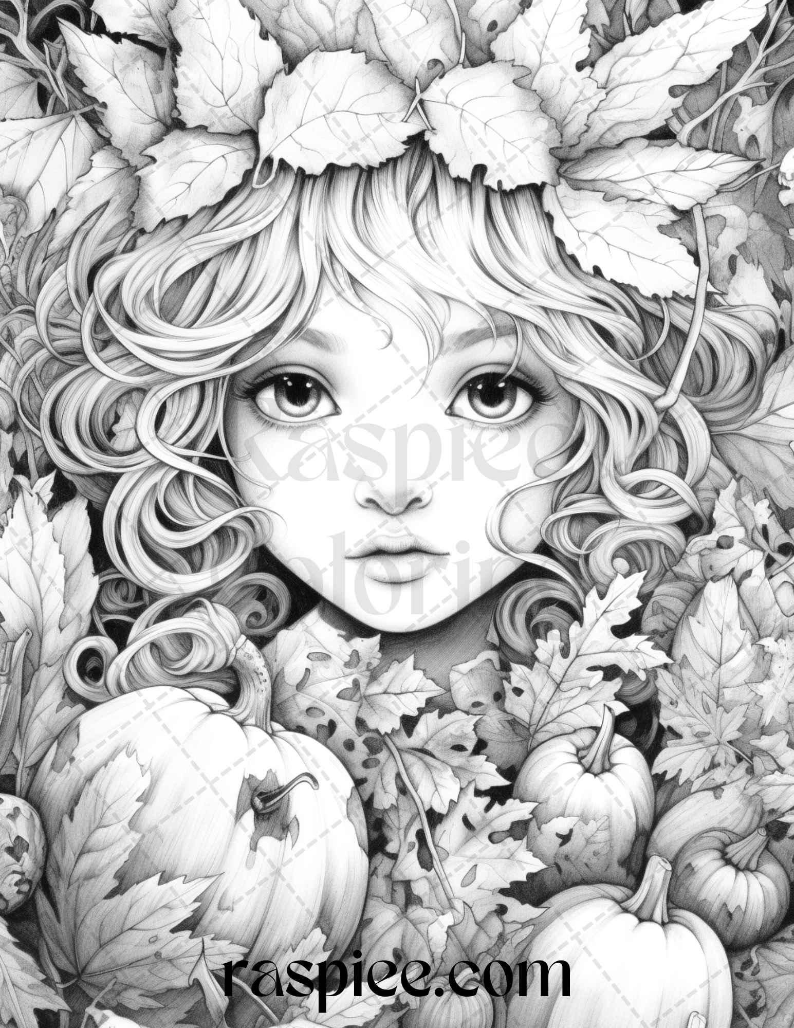 40 Pumpkin Fairy Girls Grayscale Coloring Pages Printable for Adults, PDF File Instant Download